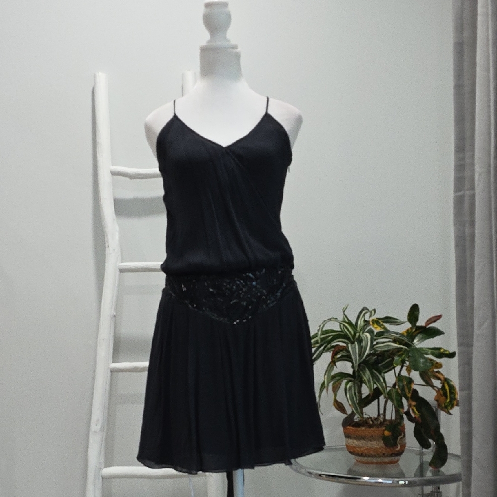Ted Baker Elegant Black Sequin Drop Waist Spaghetti Strap Silk Dress